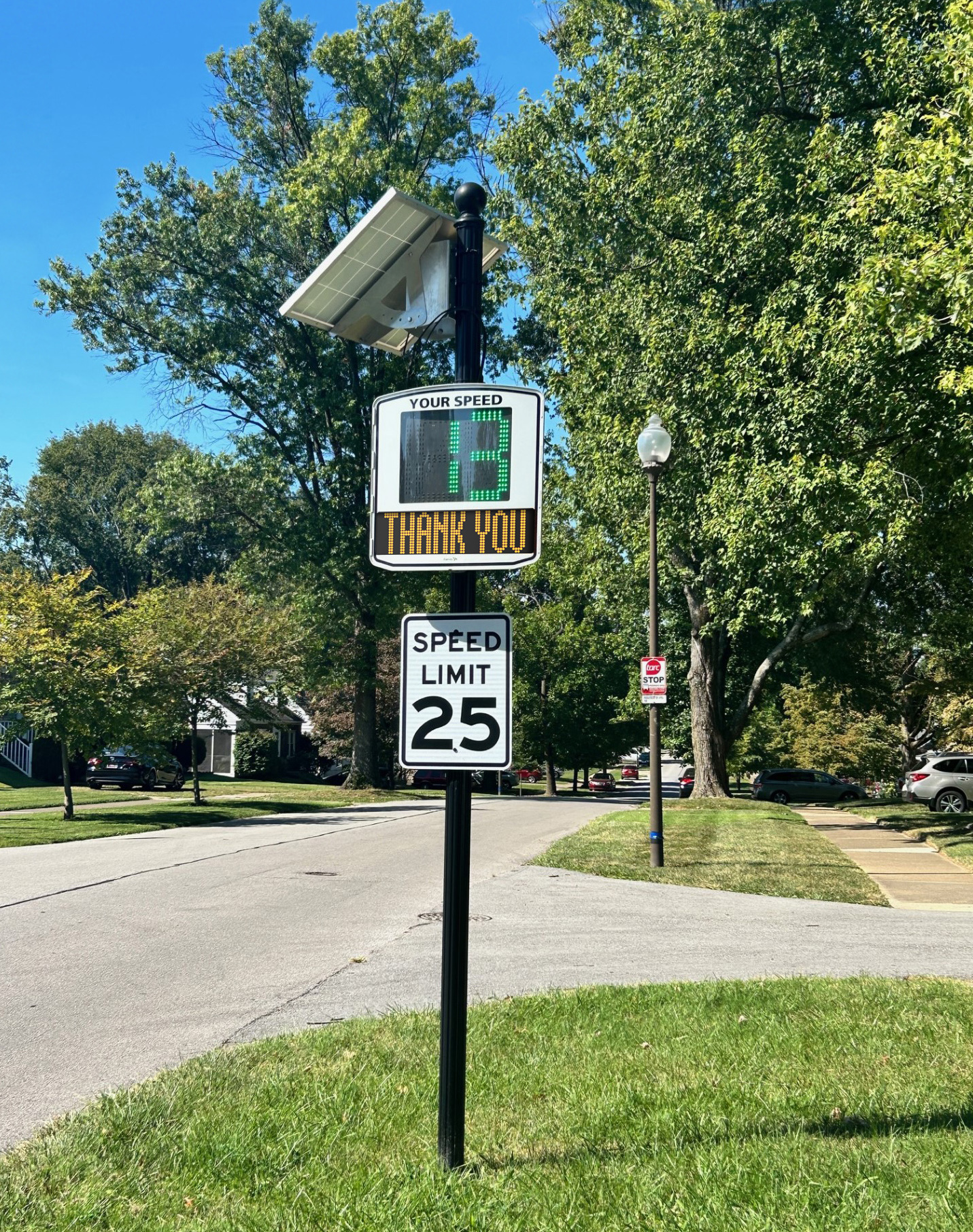 A EVOLIS radar speed sign installed on a street in the city of Saint Matthew