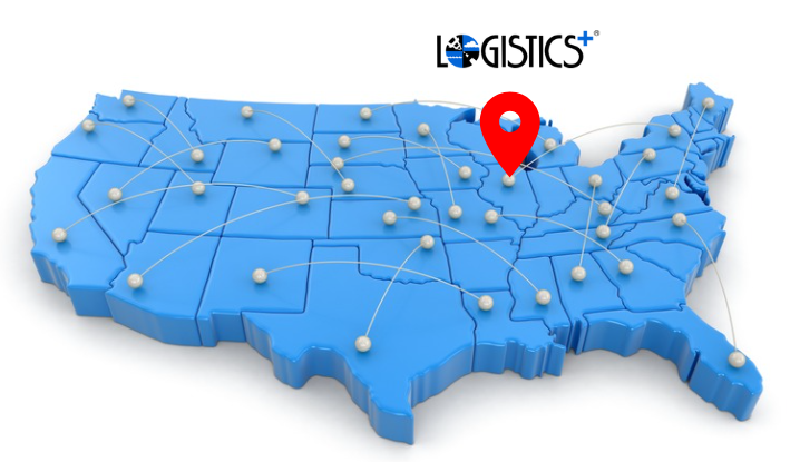 Map of the United States with Logistics Plus logo and a red location pin highlighting a central hub, with interconnected nodes across the country.